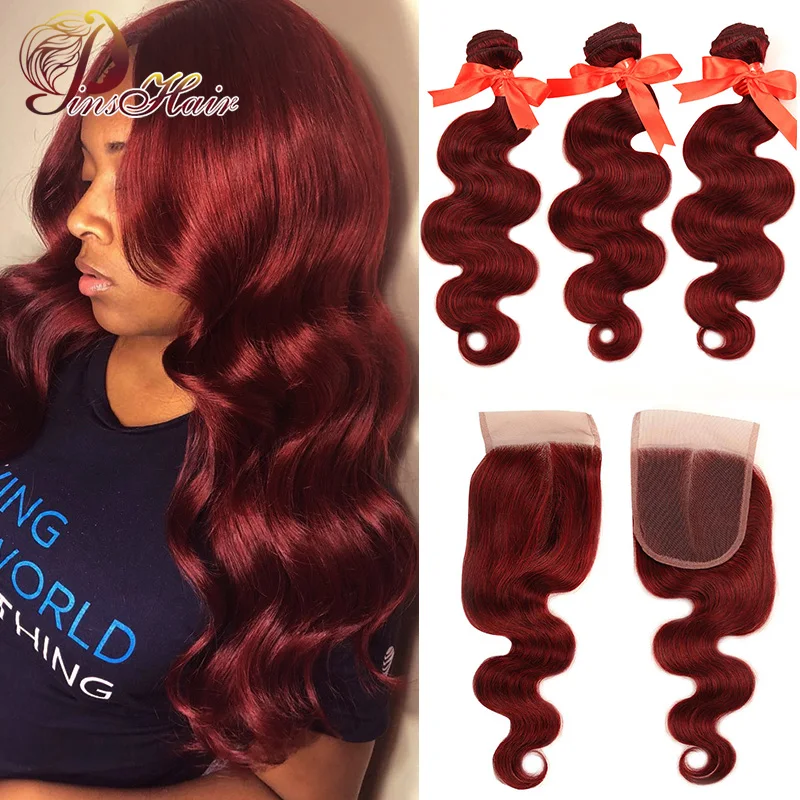 Pinshair-mechones de cabello humano brasileño ondulado, color rojo borgoña 99J con cierre, pelo Remy sin enredos, 3 mechones