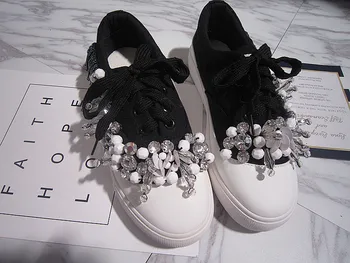 

New Style White Shoes Women's Lace-up Korean-style Black Crystal Sequin Beaded Bracelet Thick Bottomed Versatile Students Cloth
