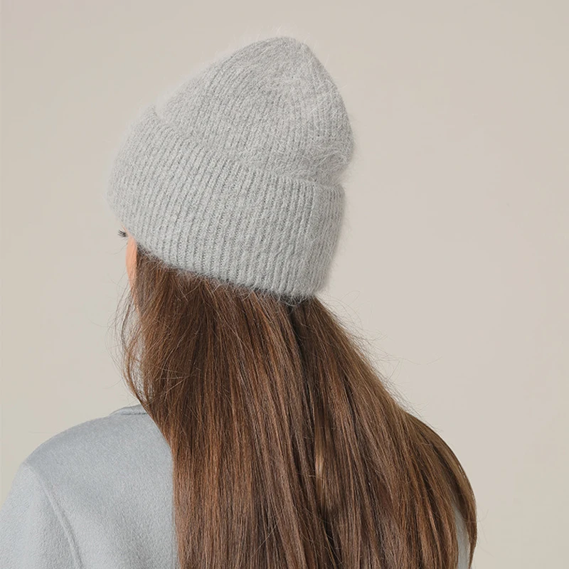 Winter Real Rabbit Fur Knitted Beanies For Women Fashion Solid Warm Cashmere Wool Skullies Beanies Female Three Fold Thick Hats