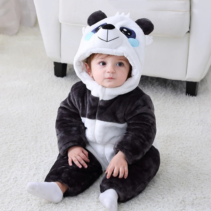 Карнавальный костюм кунг-фу панды с длинными рукавами для новорожденных; плотные комбинезоны с капюшоном для мальчиков и девочек; теплый хлопковый комбинезон для малышей - Цвет: Черный