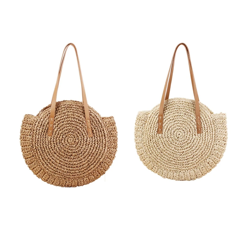 

2 Pcs Round Straw Beach Bag Vintage Handmade Woven Shoulder Bag Raffia Circle Rattan Bags Bohemian Summer Vacation Casual Bags,
