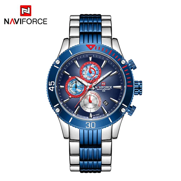 SilverBlueNoBox NAVIFORCE, новинка, мужские часы с хронографом, топ, люксовый бренд, водонепроницаемые, кварцевые, мужские наручные часы, спортивные, мужские часы, Relogio Masculino - Цвет: SilverBlueNoBox