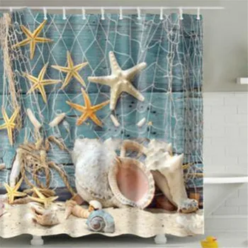 

Best Sale 3D Fishnet Shell Beach Eco-friendly High Quality Polyester Washable Bath Decor Shower Curtains Douche Gordijnen