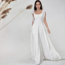 Simple White Wedding Dresses A-Line 2021 Scoop Jersey Ribbons Sleeveless Backless Sweep Train Bridal Gowns for Women Custom Made