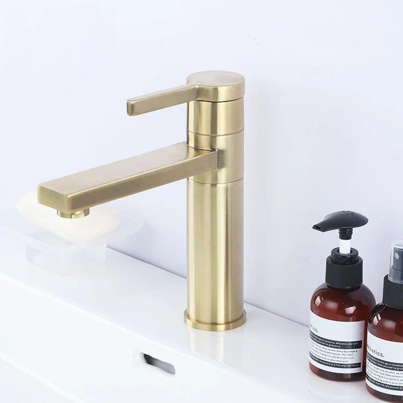Nordic Style Brass Deck Mount Golden Brushed Bathroom Sink Faucet Mixers Single Hole Basin Water Tap G1108