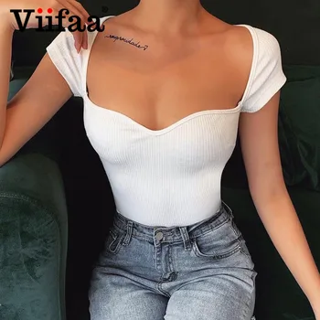 

Viifaa White Solid Tees Sweetheart Neck Rib-Knit Summer T Shirt Women 2020 Cap Sleeve Slim Cropped Tshirt Top