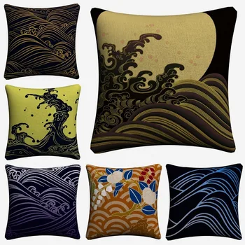 

Traditional Japanese Sea Wave Art Decorative Linen Cushion Cover For Sofa Chair 45x45cm Throw Pillow Case Home Decor Almofada