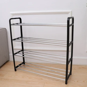 

Four Layers Plastic Shoes Shelf Storage Rack Detachable Steel Long Tube Space-saving Shoes Organizer Home Office Door Back Black