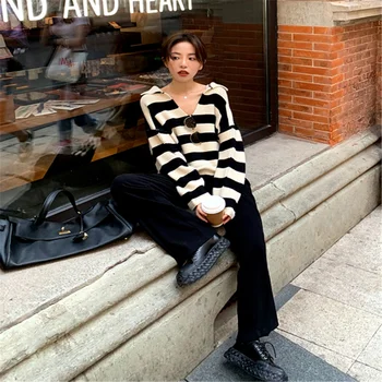 

Women Sweater Polo Collar Pullovers Knitted Striped Korean Elegant Wild Ladies Jumpers New 2020