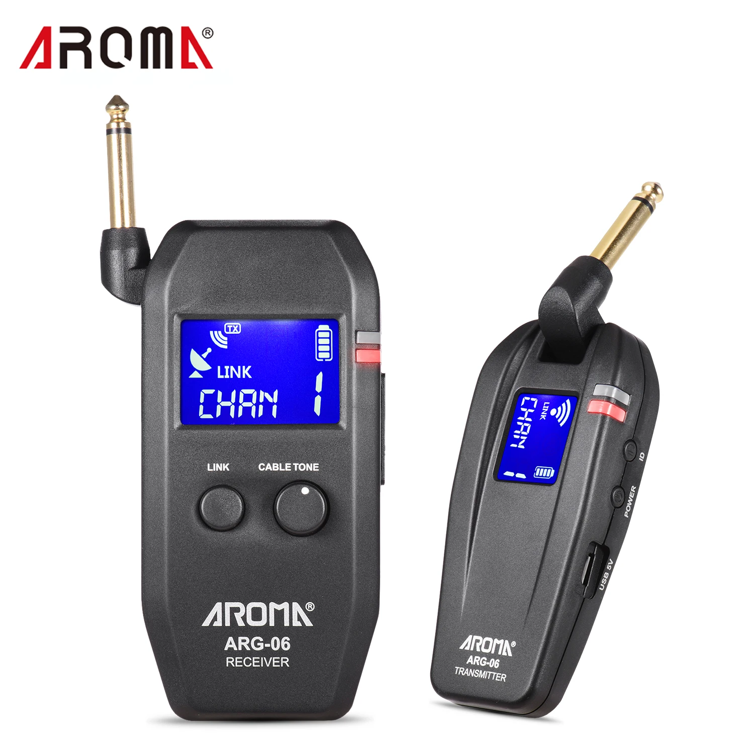 AROMA Guitar Wireless Audio Transmission System Transmitter Receiver 6.35mm Plug LCD Display Built-in Battery for Electric Guita
