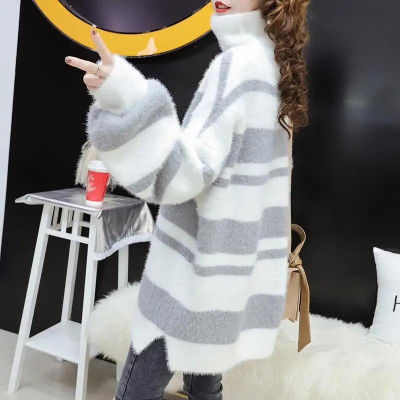 Women's Imitation Mink Wool Sweater Loose Thick Turtleneck Pullover 2021 Wearing A Striped Bottoming Shirt | Женская одежда