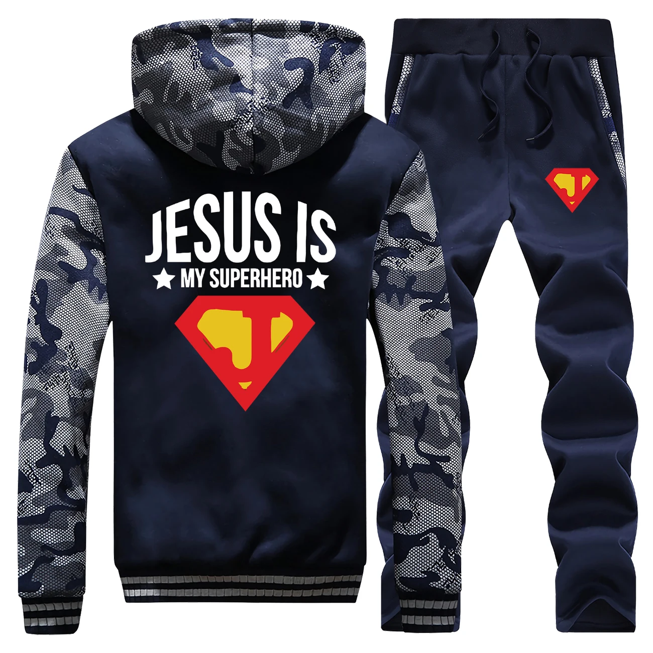 Jesus is my superhero, мужская куртка в стиле хип-хоп, мужские толстовки из плотного флиса, толстовка+ штаны, комплект из 2 предметов, зимнее теплое пальто, мужской спортивный костюм