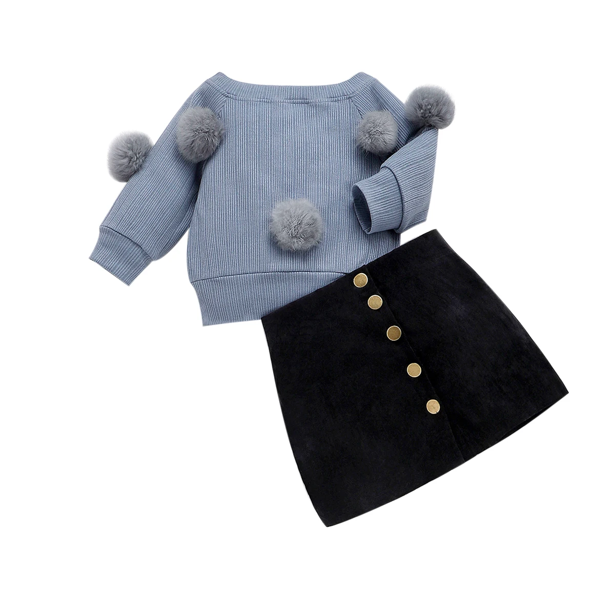 Милый комплект одежды для маленьких девочек 1-6 лет, осенне-зимние топы с длинными рукавами и помпонами, юбки, костюмы для детей