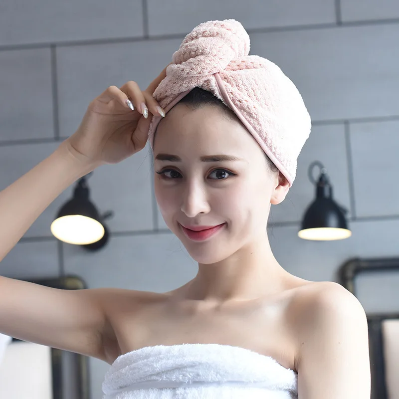 1PC Cotton Women Bathroom Super Absorbent Quick-drying Thicker microfiber Bath Towel Hair Dry Cap Button Bath Turban