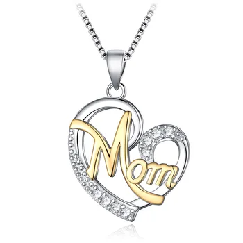 

Love Mama Mom Necklace Mother's Day Gift Gold Silver Two Tone Color 925 Sterling Silver Zircon Charm Necklace Love Heart Design