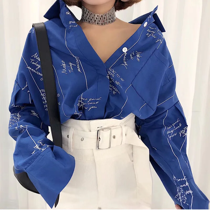 

XUXI Long Sleeved Shirts Women Blouse 2020 Spring Cotton White Blouses All-match Loose Letter Print Cardigan Shirt FZ1918