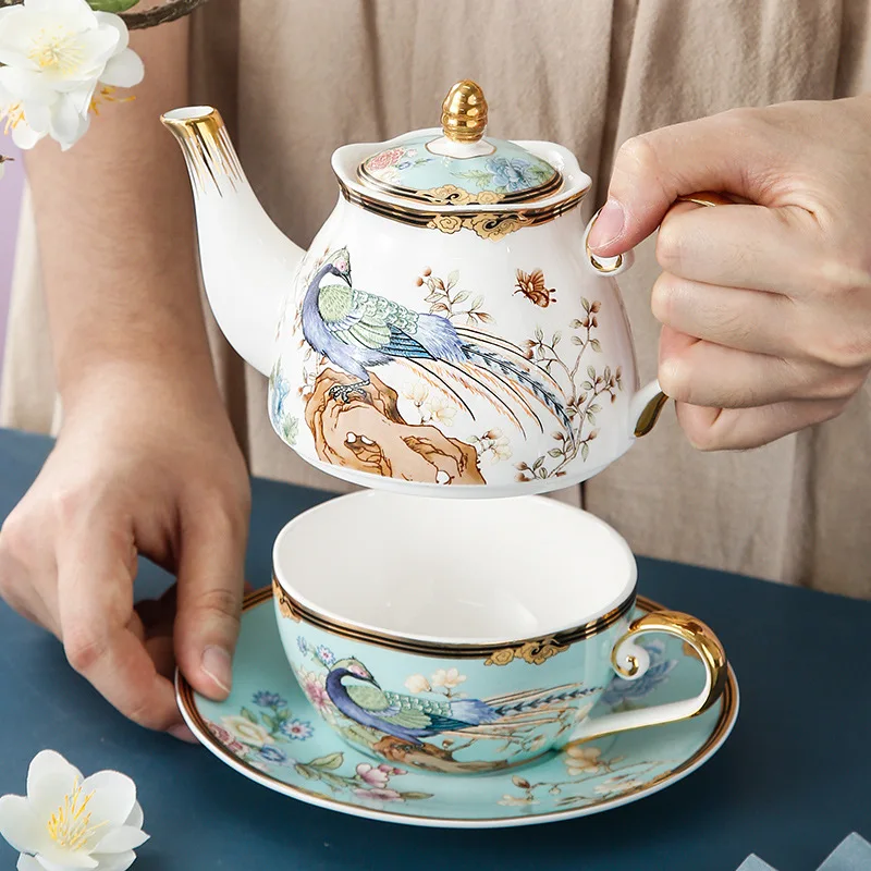 British light luxury ceramic teapot afternoon scented tea pot with flower and bird single pot cup and saucer gift box set