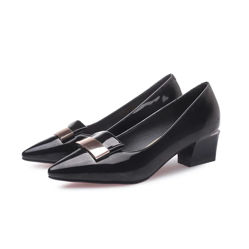 black EGONERY spring autumn new fashion women pumps outside mid heels pointed toe patent leather plus size women shoes drop shipping - Цвет: black