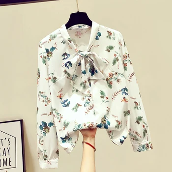 

Elegant Bow Long Sleeve Floral Shirts 2019 New Spring Autumn Single Breasted All-match Female Basic Tops and Blouses
