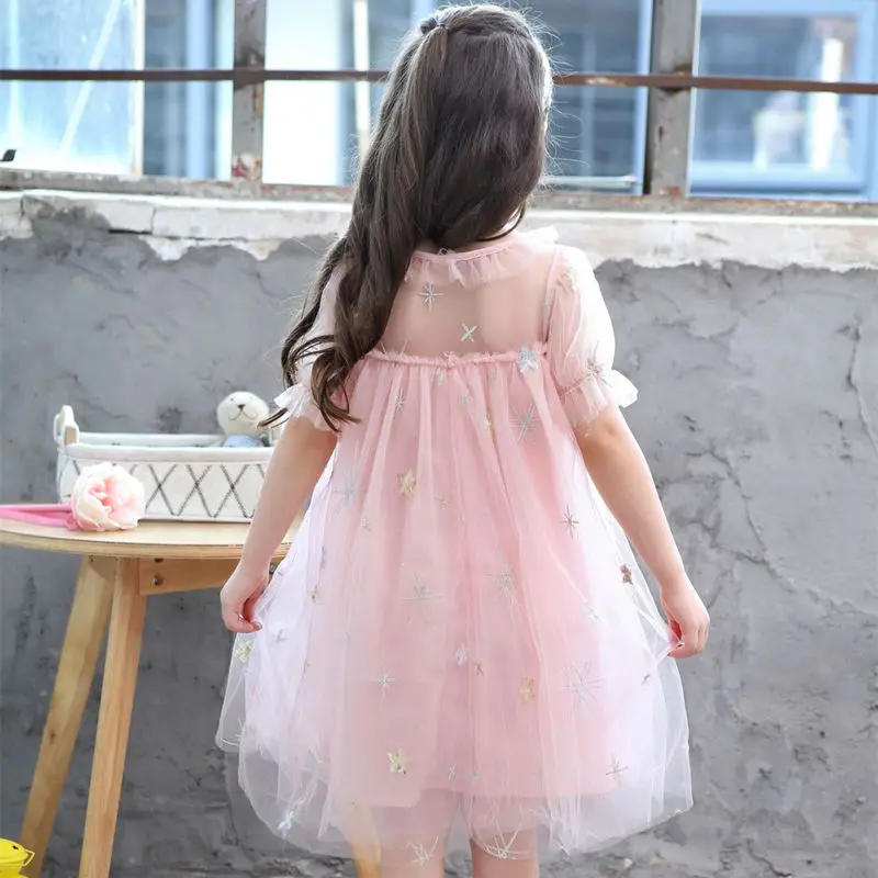 Сетчатое праздничное платье на день рождения; летнее повседневное Сетчатое платье с принтом звезды для маленьких девочек; хлопковый сарафан с расклешенными рукавами для маленьких детей