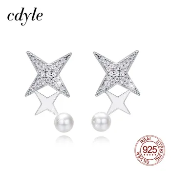 

Cdyle Elegant Fashion Wedding Jewelry CZ Star Stud Earrings with Pearl for Women Silver 925 Earrings pendientes mujer moda