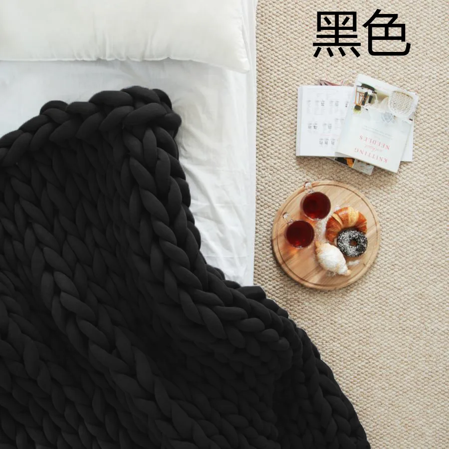 Массивное вязаное вручную одеяло из толстой пряжи, похожее на шерсть, полиэстеровое объемное вязаное одеяло s, зимнее плотное объемное теплое одеяло для дивана - Цвет: Черный