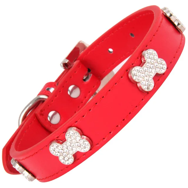 Cats Dogs Collar Leather Adjustable Decoration Bling Dog Bone Pendant Necklace Pet Collar with Rhinestones Pet Accessories Stuff 3