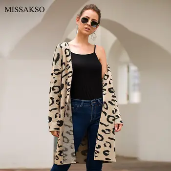 

Missakso Leopard Print Long Cardigan Casual Loose Autumn Winter Coat Oversize Knitted Sweater Women Knit Plus Size Femme