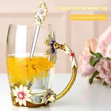 С ромашками, эмалированное стекло для чая, стеклянная чашка, бессвинцовая резная Цветочная китайская Роскошная украшенная чашка с ложкой, поздравительный подарок