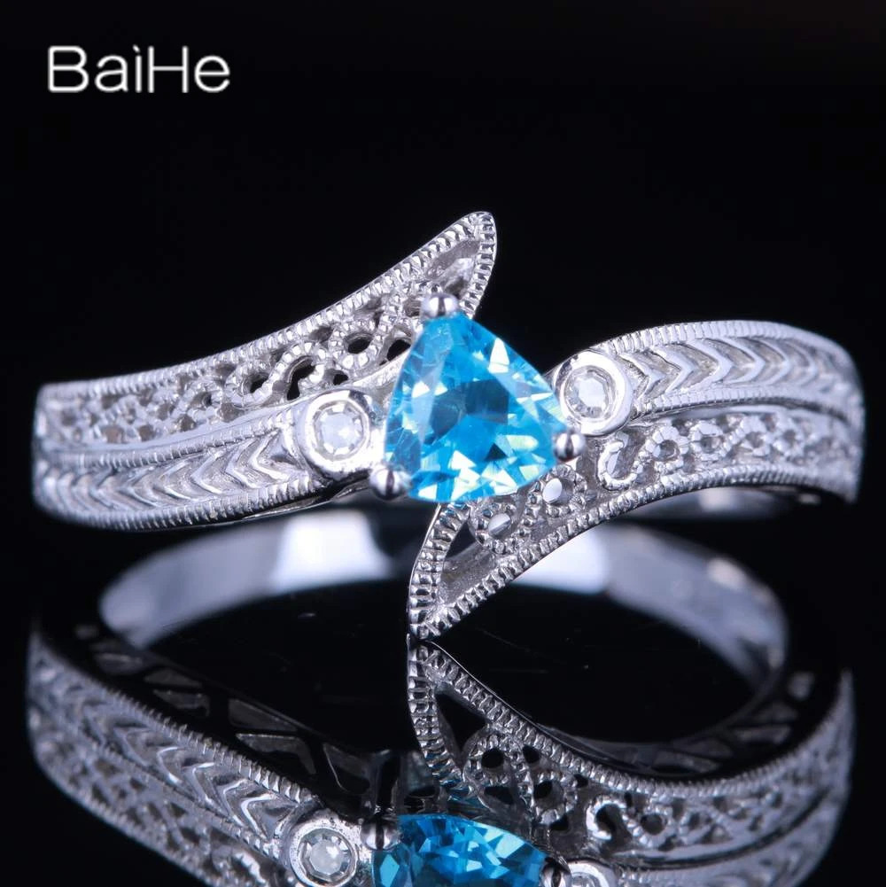 Baihe Solido 14K Oro Bianco (Au585) 0.19Ct Certificato Trilioni Di Topazio Blu Di Cerimonia Nuziale Delle Donne Gioielleria Raffinata Topazio Azzurro 