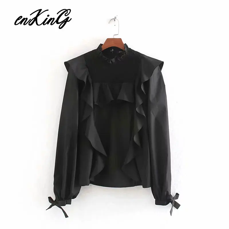 Английский стиль, элегантная, простая, черная, Каскадный бант, za blusas mujer de moda,, кимоно, блузка для женщин, топы, блузка размера плюс - Цвет: Black