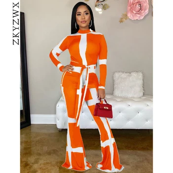 

ZKYZWX Plus Size Two Piece Set Women Fall Winter Clothes Full Sleeve T Shirt Top and Flare Pants Matching Suits 2 Piece Outfits