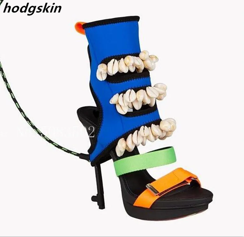 

Blue Suede String Bead shell Summer Ankle Boots Women Sandals Slingbacks High Heels Hook & Loop Toe Zipper Platform Shoes