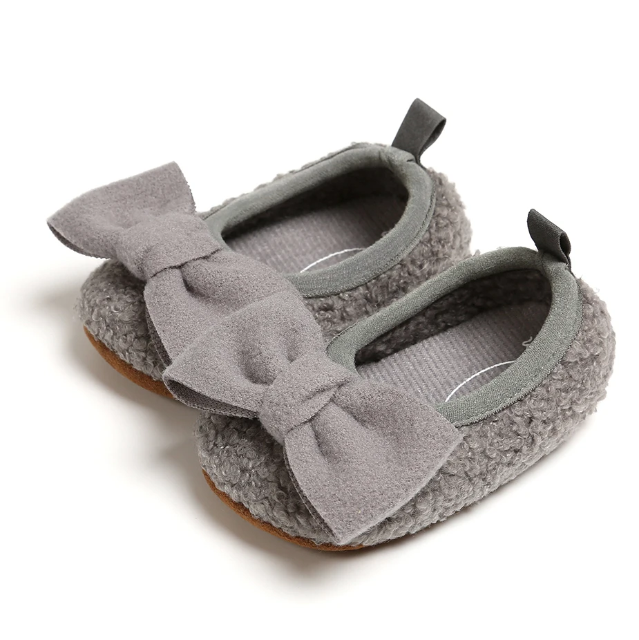 LOOZYKIT/детская обувь для новорожденных девочек 0-18 месяцев; теплая плюшевая обувь с бантом для маленьких девочек; обувь для первых шагов; симпатичная обувь с принцессой; сезон осень-зима - Цвет: Серый