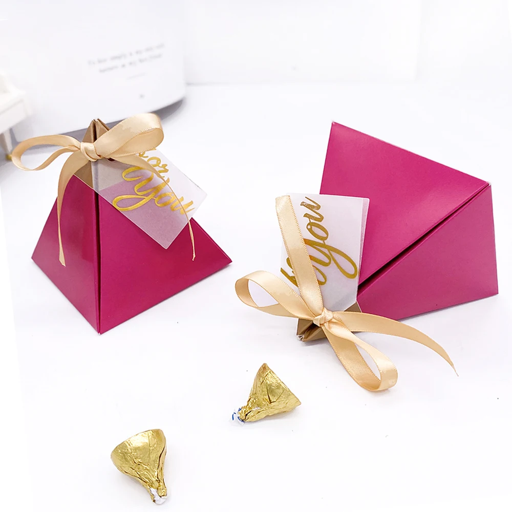 10Pcs Triangular Pyramid Sweet Candy Box Rose Red Wedding Paper Gift Boxes Favor 