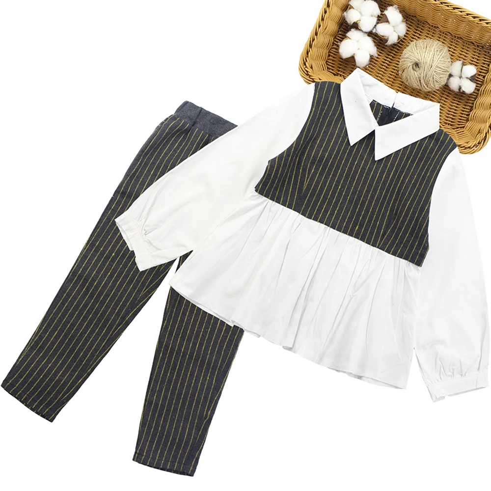 Осенняя одежда для девочек блузка в стиле пэчворк комплекты школьной одежды для девочек рубашка+ штаны в полоску комплект одежды для детей 4, 5, 6, 8, 10, 12 лет