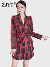 

High Fashion Ladies Lace Up Tweed Blazer Suits Women Spring Vintage Plaid Jacket and Shorts Set Two Piece Outfits Casual Female