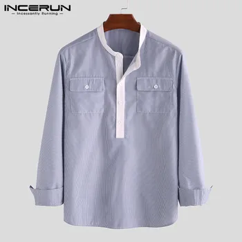 

INCERUN 2020 Stylish Men Striped Shirt Brand Streetwear Button Long Sleeve Camisa Pockets Plus Size Business Casual Shirts Men 7