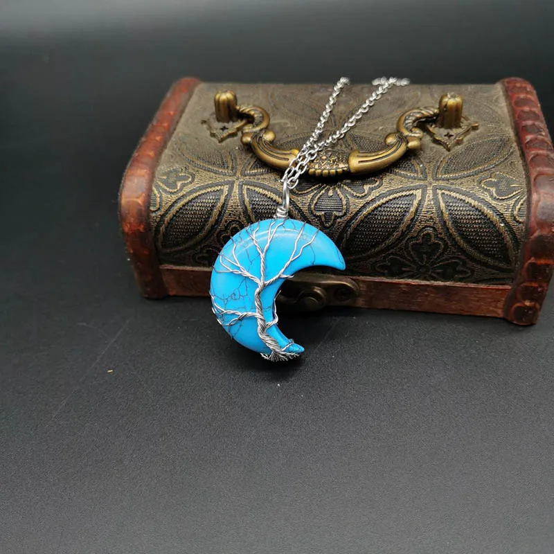 Life Tree Crescent Moon Shape Pendant Silvertone Wire Wrap Natural Gemstones Healing Crystal Women Necklace