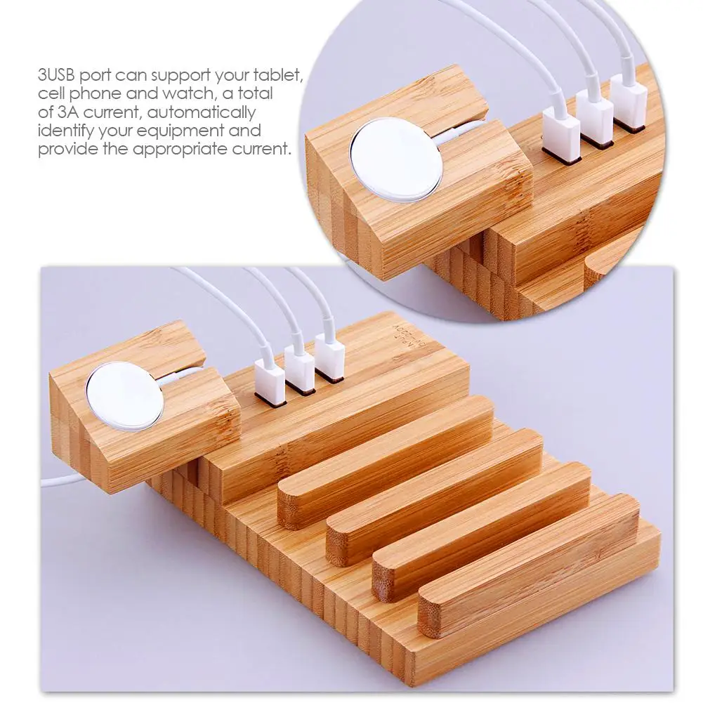 

Bamboo Wood Charger Base Stand With 3 USB Ports Mobile Phone Tablet Multiple Holes USB Charging Holder For IWatch Various Device