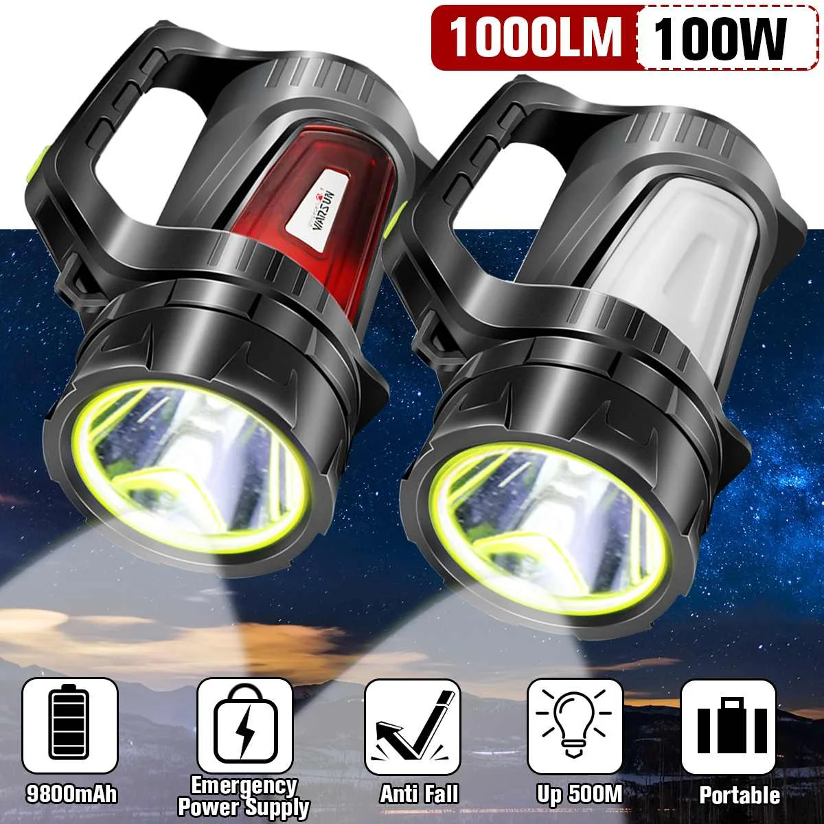 100W Super Bright USB LED Flashlight Searching Torches 2 Side Night Light Lamp Hand Camping Lantern 9800mAh Rechargeable Battery