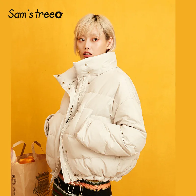 SAM'S TREE бежевый однотонный прямой короткий теплый пуховик для женщин зима оранжевый стоячий воротник с рюшами верхняя одежда для женщин