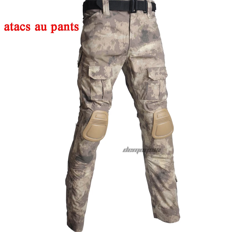 Дышащая армейская военная форма рубашки в охотничьем стиле+ брюки наколенники камуфляж ghillie костюмы тактические боевые тренировочные костюмы набор - Цвет: atacs au pants