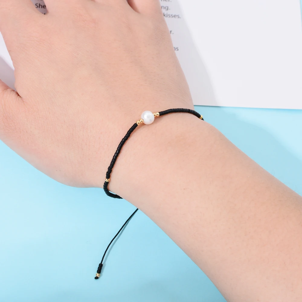 ZMZY Thin Natural Pearl Bracelet Miyuki Beads Handmade Black Glass Stone Bracelets For Women Boho Adjustable Rope Lady Jewelry