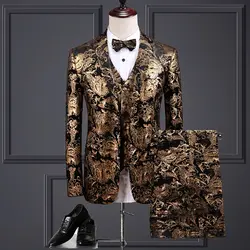 Высококачественный вельветовый брендовый модный бутик печати Золотой мужской деловой костюм комплект из 3 предметов сценический костюм