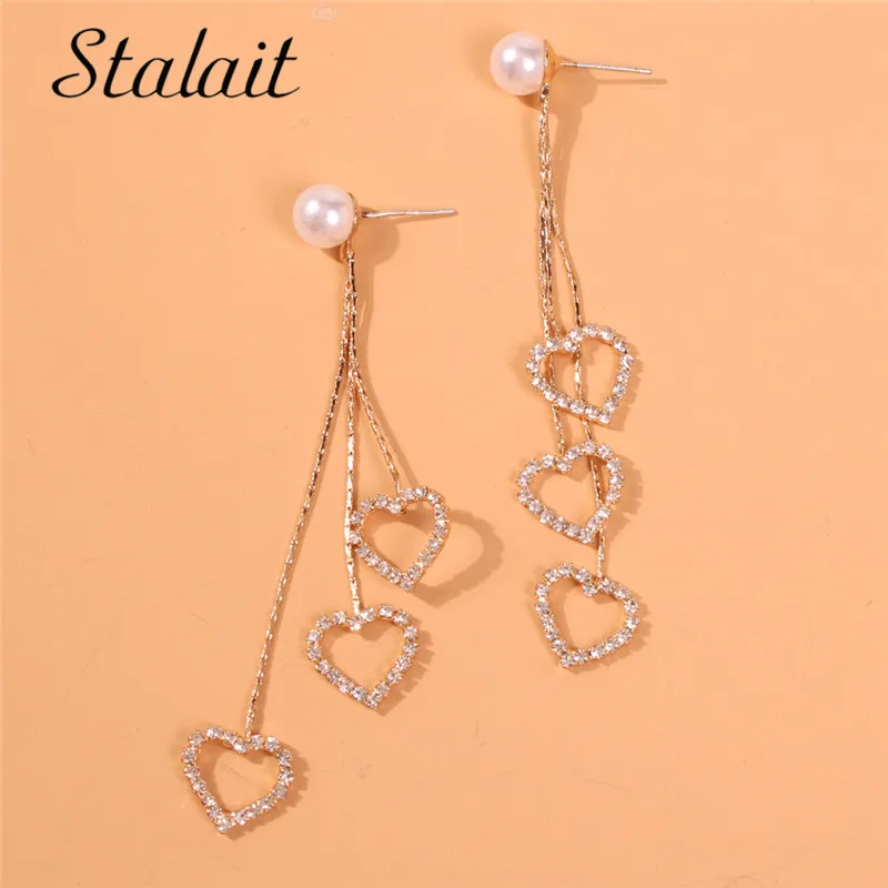 

Fashion Heart Large Pearl Drop Earrings Chic Full Rhinestone Gold Color Chain Drop Earrings For Women Wedding Jewelry