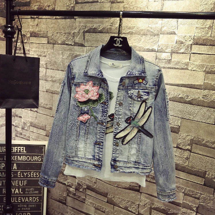 

European Style Spring Summer Women Fashion Denim Jacket Coat Ladies Personality Hole Lotus Dragonfly Slim Jean Jackets Outfits