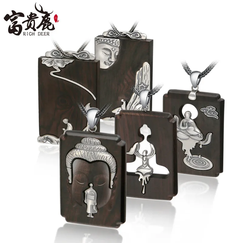 925 Sterling Silver Jewelry Ebony Inlaid Buddha Statue Pendant As Calm Water Retro Thai Necklace With Peace | Украшения и