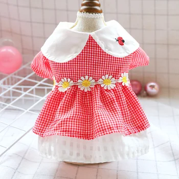 

Doll Collar Dog Sweet Dresses Little Daisy Defined Waist Cotton Dog Clothes Spring Summer Ladybug Embroidery Lace Princess Skirt