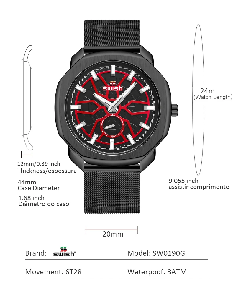 SWISH Brand Designer Quartz Watches Men Stainless Steel Dress Wristwatch 2021 New Fashion Milan Strap Small Second Dial Working